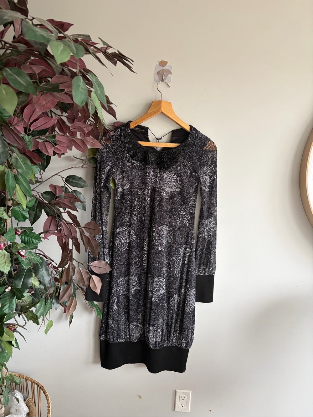 Lux & lister Long-Sleeve Black Patterned Knit Dress with Subtle Silver Detail